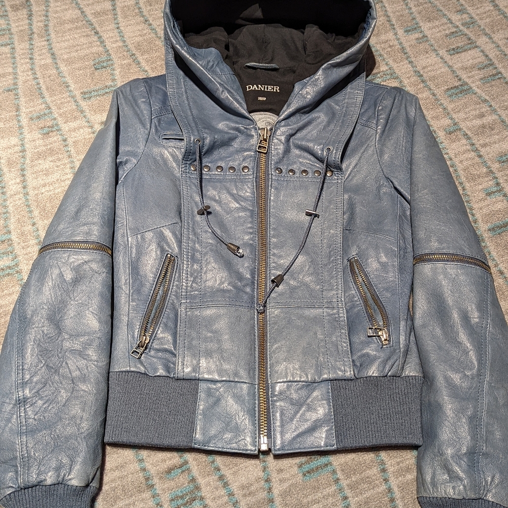 Leather jacket with hood